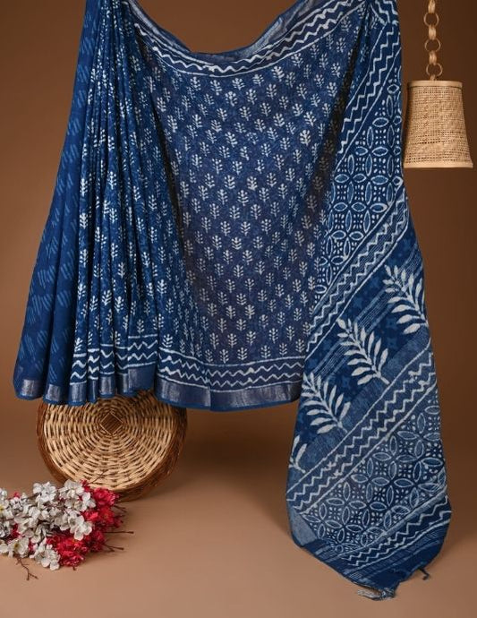 Blue Hand Block Printed Linen Saree with Blouse Piece