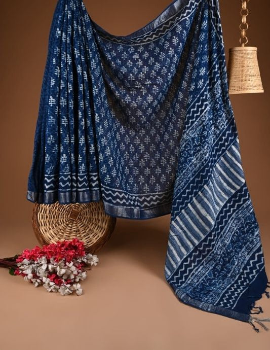 Indigo Blue Hand Block Printed Linen Saree with Blouse