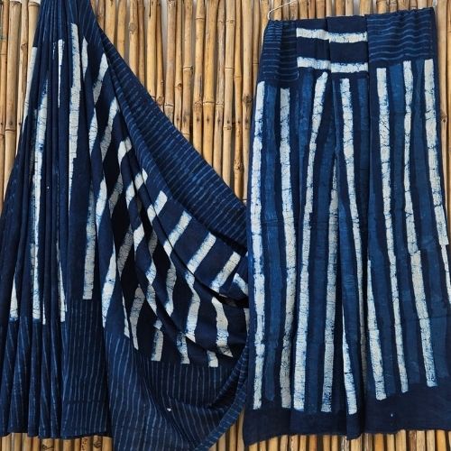 Indigo Blue Linear Batik Print Mulmul Cotton Saree