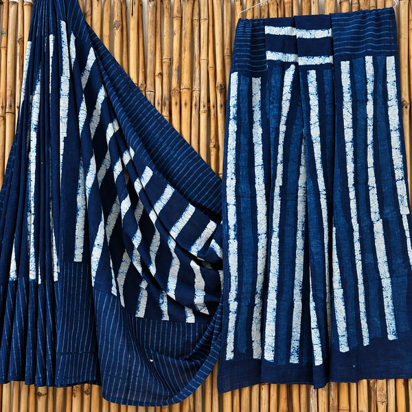 Indigo Blue Linear Batik Print Mulmul Cotton Saree