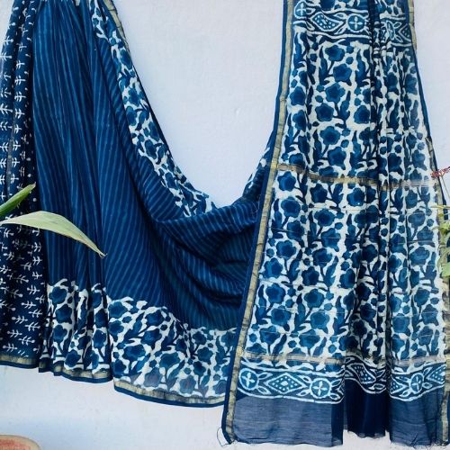 Indigo Blue Chanderi Silk Saree with Bold Floral Print