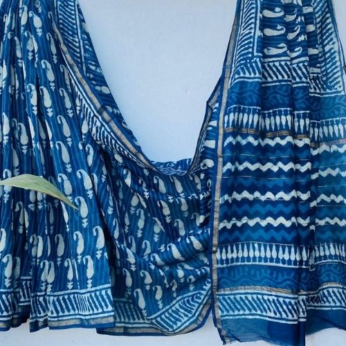 Indigo Blue Chanderi Silk Saree with Handblock Paisley Prints