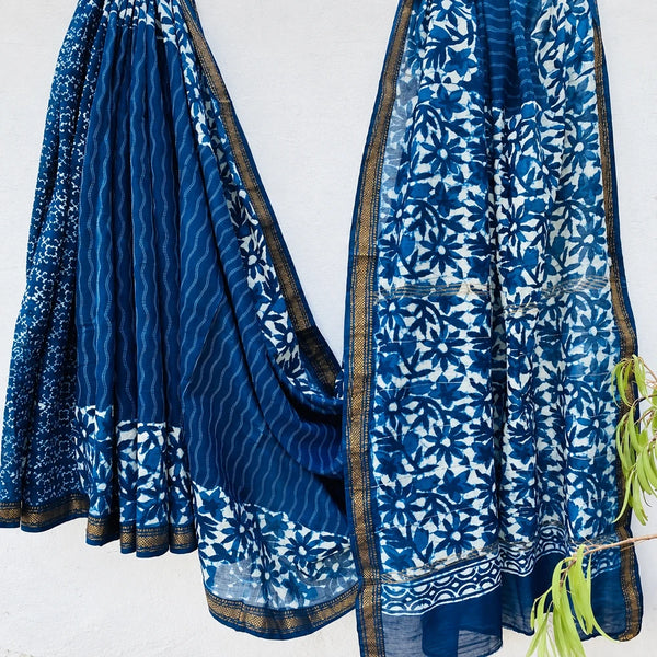 Indigo Blue Maheshwari Silk Saree with Handcrafted Floral Prints