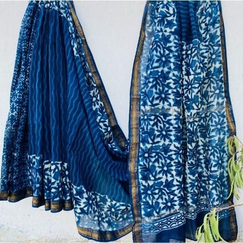 Indigo Blue Maheshwari Silk Saree with Traditional Hand Block Design