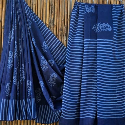 Elegant Indigo Mulmul Cotton Saree – Pure Handloom Cotton for Women