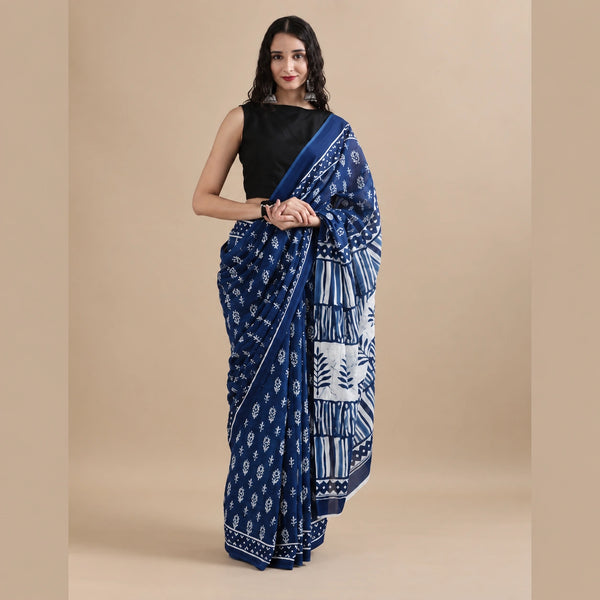 Indigo Blue Printed Cotton Mulmul Saree with White Motifs