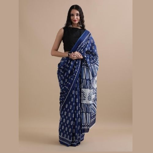 Indigo Blue Cotton Mulmul Saree – Handcrafted Soft Cotton Saree for Women