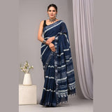 Indigo Blue Handloom Linen Saree with Elegant Shibori Pattern