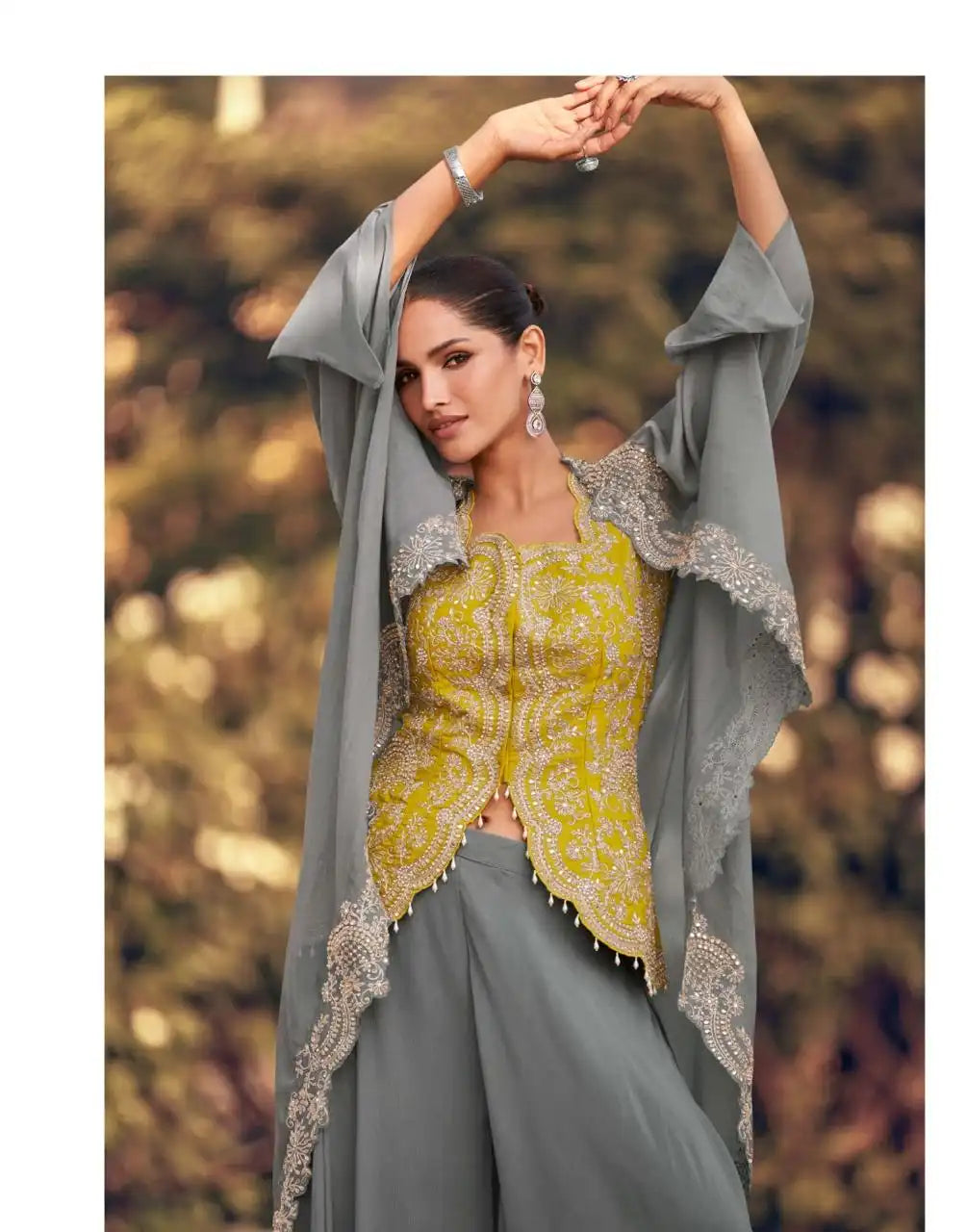 Indo Western Silk Dress with Yellow Embroidered Blouse