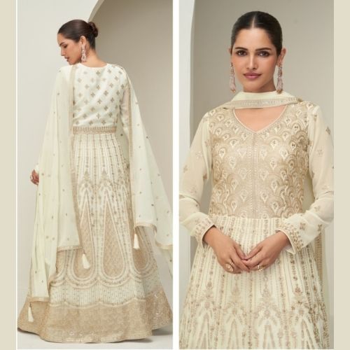 Ivory Beige Georgette Anarkali Gown with Dupatta