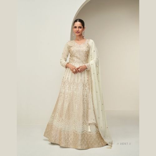 Ivory Beige Designer Anarkali Gown with Dupatta for Women