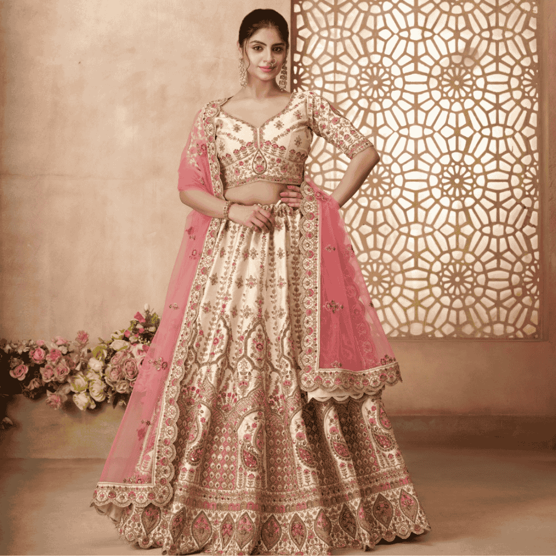 Ivory Pink Silk Embroidered Bridal & Haldi Lehenga Choli Set