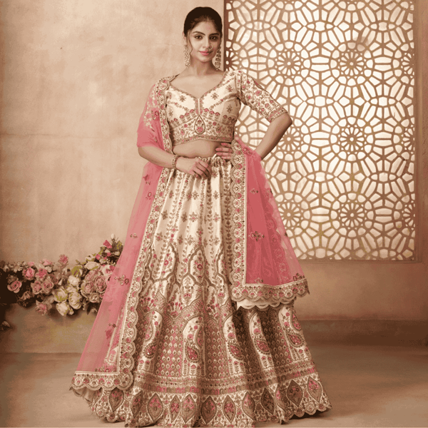 Ivory Pink Silk Embroidered Bridal & Haldi Lehenga Choli Set