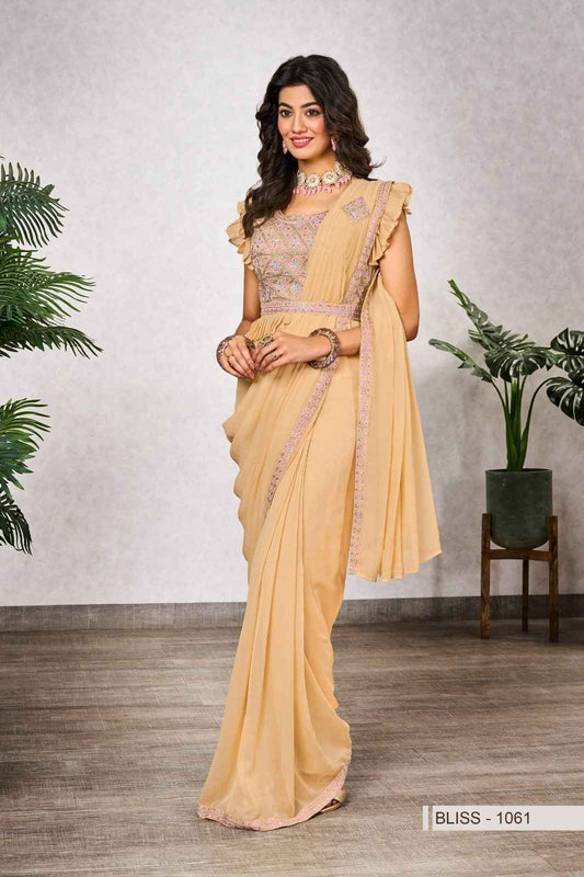 Elegant Beige Georgette Pre-Stitched Saree with Embellished Ruffle Blouse - Contemporary