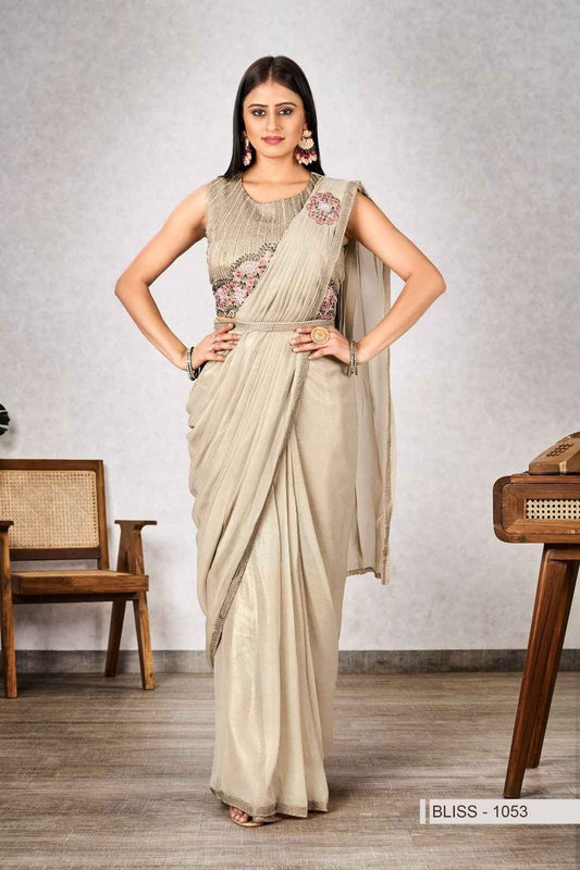 Elegant Beige Shimmer Georgette Ready-to-Wear Saree with Floral Embroidery