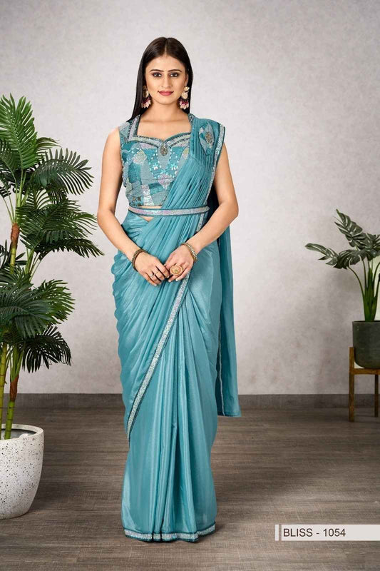 Aqua Blue Shimmer Georgette Ready-to-Wear Saree with Embellished Designer Blouse