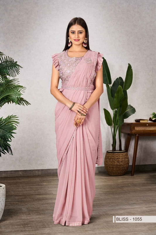 Dusty Pink Shimmer Georgette Ready-to-Wear Saree with Ruffled Blouse