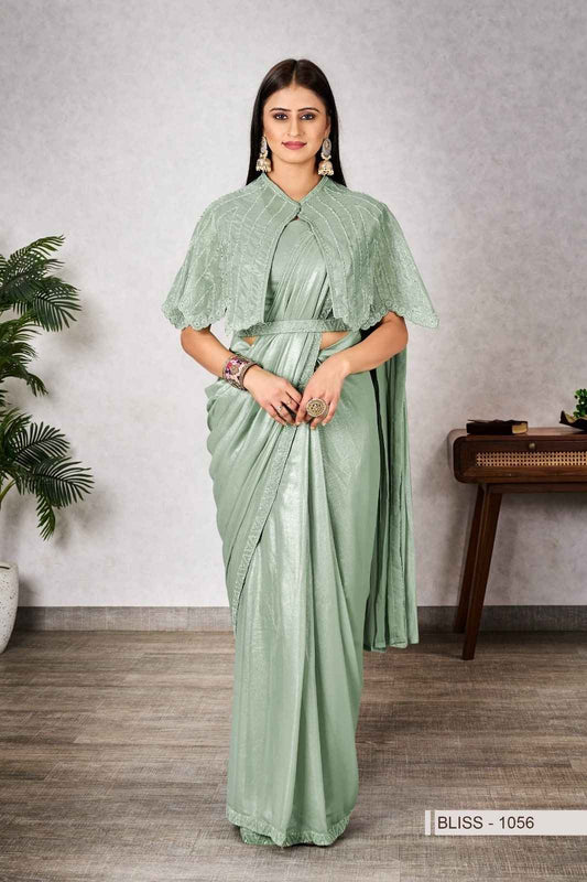 Sage Green Shimmer Georgette Ready-to-Wear Saree with Designer Poncho Cape