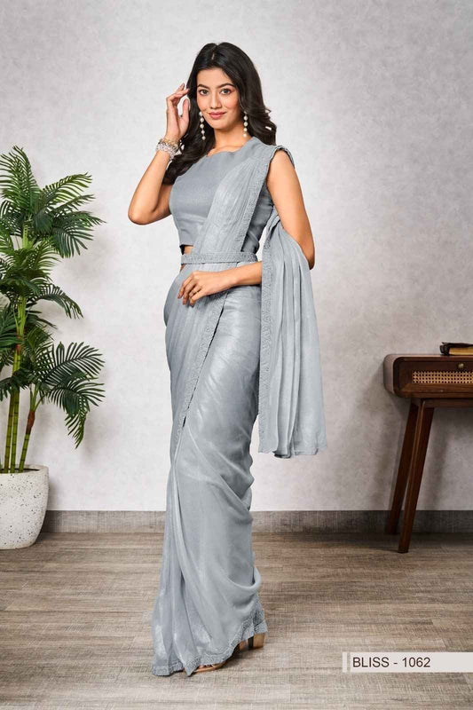 Grey Shimmer Georgette Ready-to-Wear Saree with Stitched Poncho Style Blouse & Belt