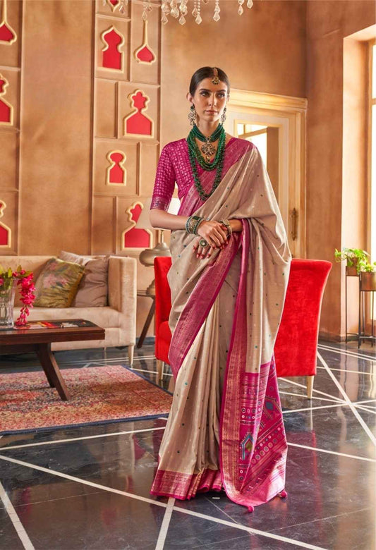 Beige & Pink Mercerized Sigma Silk Patola Saree with Pallu