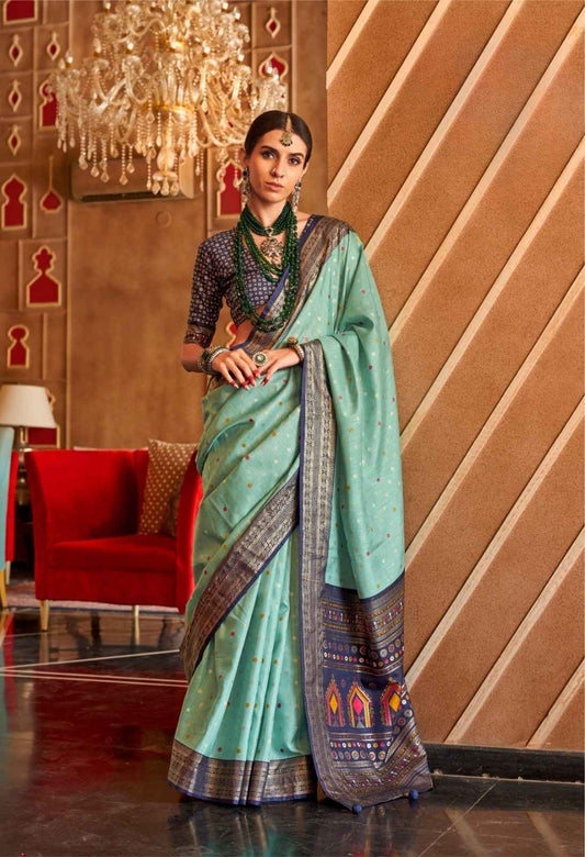 Sea Green & Navy Mercerized Silk Patola Saree with Pallu
