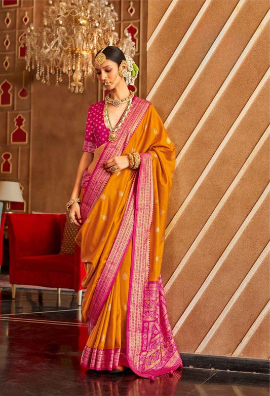 Mustard & Pink Mercerized Silk Saree with Patola Pallu
