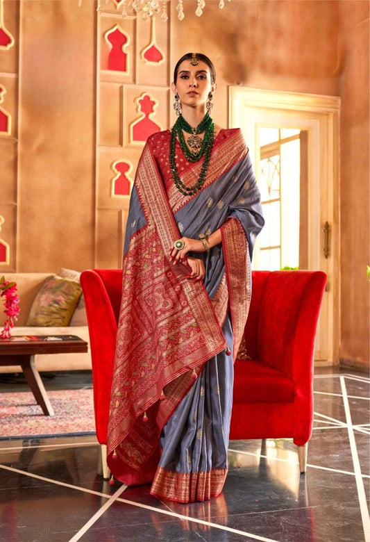 Slate Blue & Maroon Mercerized Silk Saree with Patola Pallu