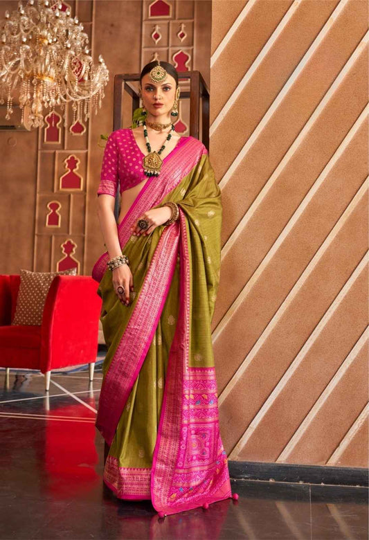 Olive Green & Pink Mercerized Silk Saree with Patola Pallu
