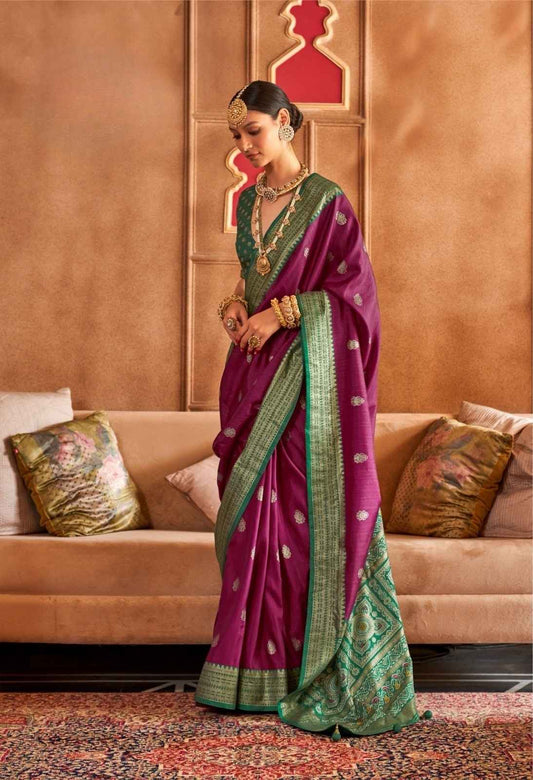 Wine & Green Mercerized Silk Saree with Patola Sambalpuri Pallu