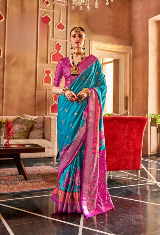 Turquoise Blue & Pink Mercerized Silk Saree with Patola Pallu