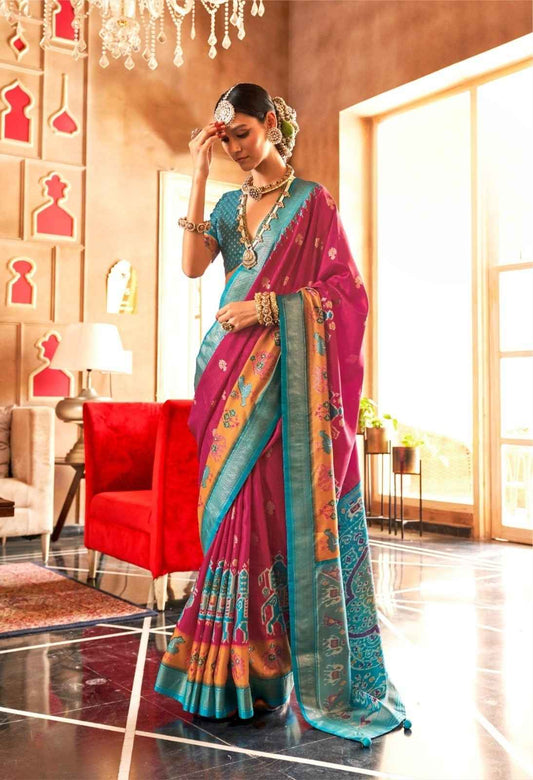 Magenta & Aqua Blue Mercerized Silk Saree with Patola Pallu