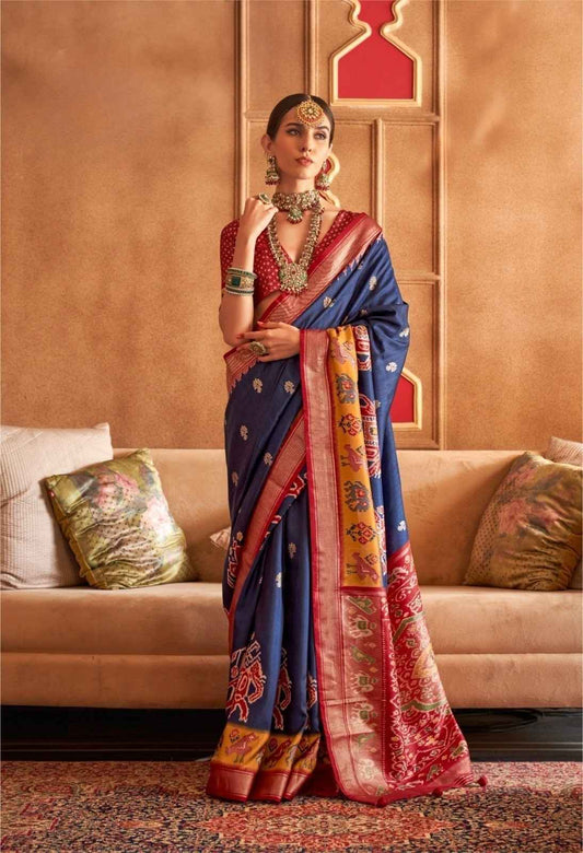 Navy Blue & Maroon Mercerized Silk Saree with Patola Pallu
