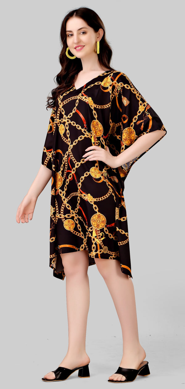 Black & Gold Women’s Kaftan Dress with Chain Print