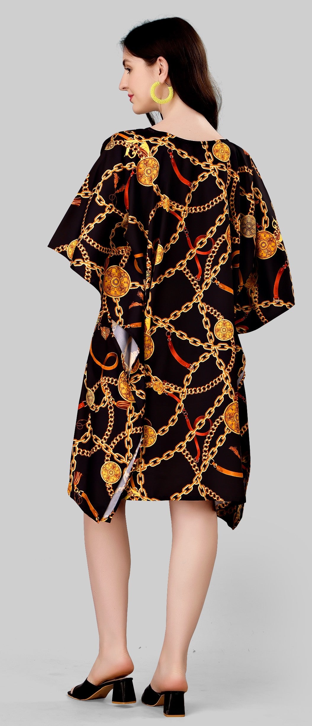 Black & Gold Women’s Kaftan Dress with Chain Print