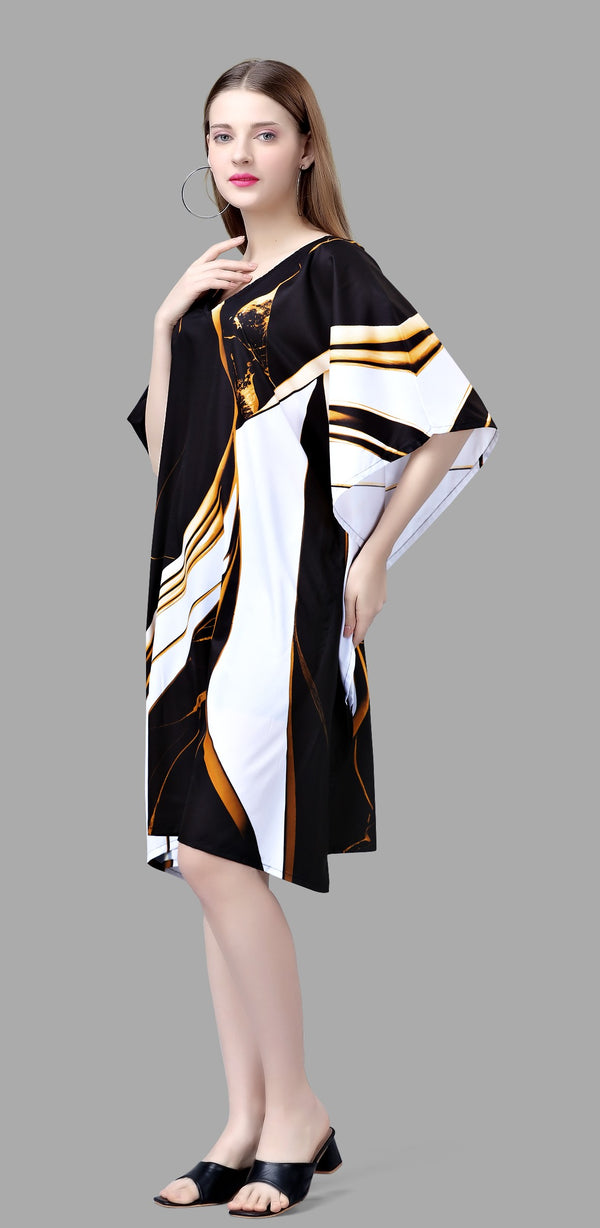 Black & White Abstract Kaftan Dress with Gold Print