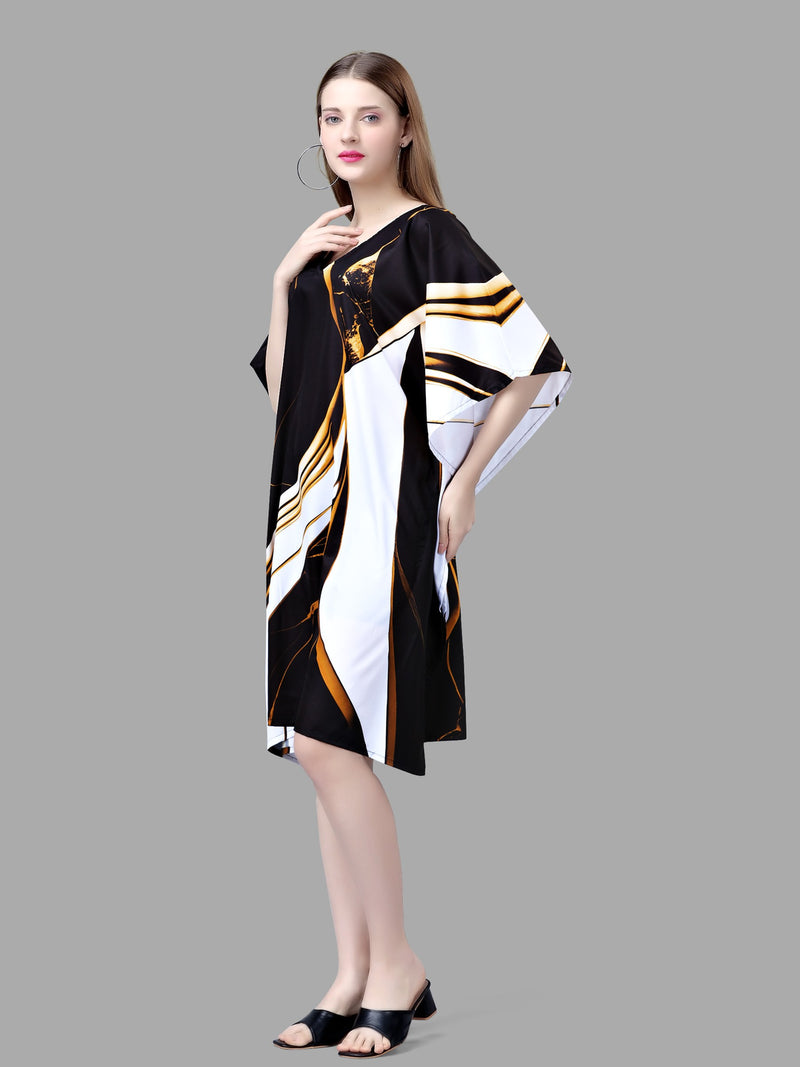 Black & White Abstract Kaftan Dress with Gold Print