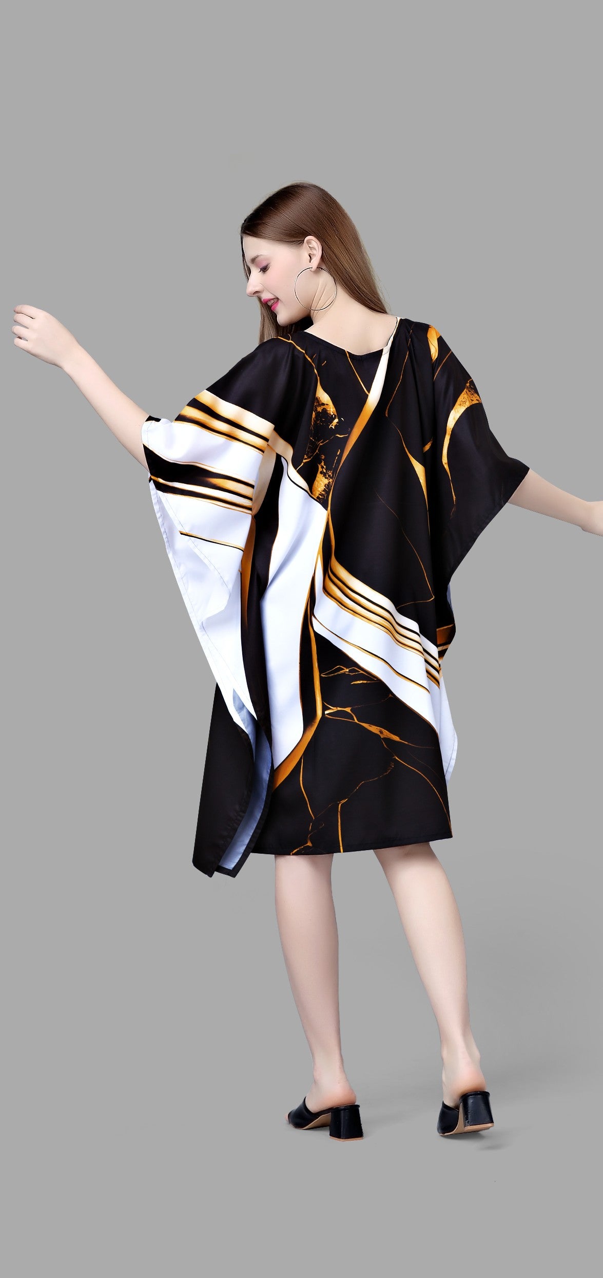 Black & White Abstract Kaftan Dress with Gold Print