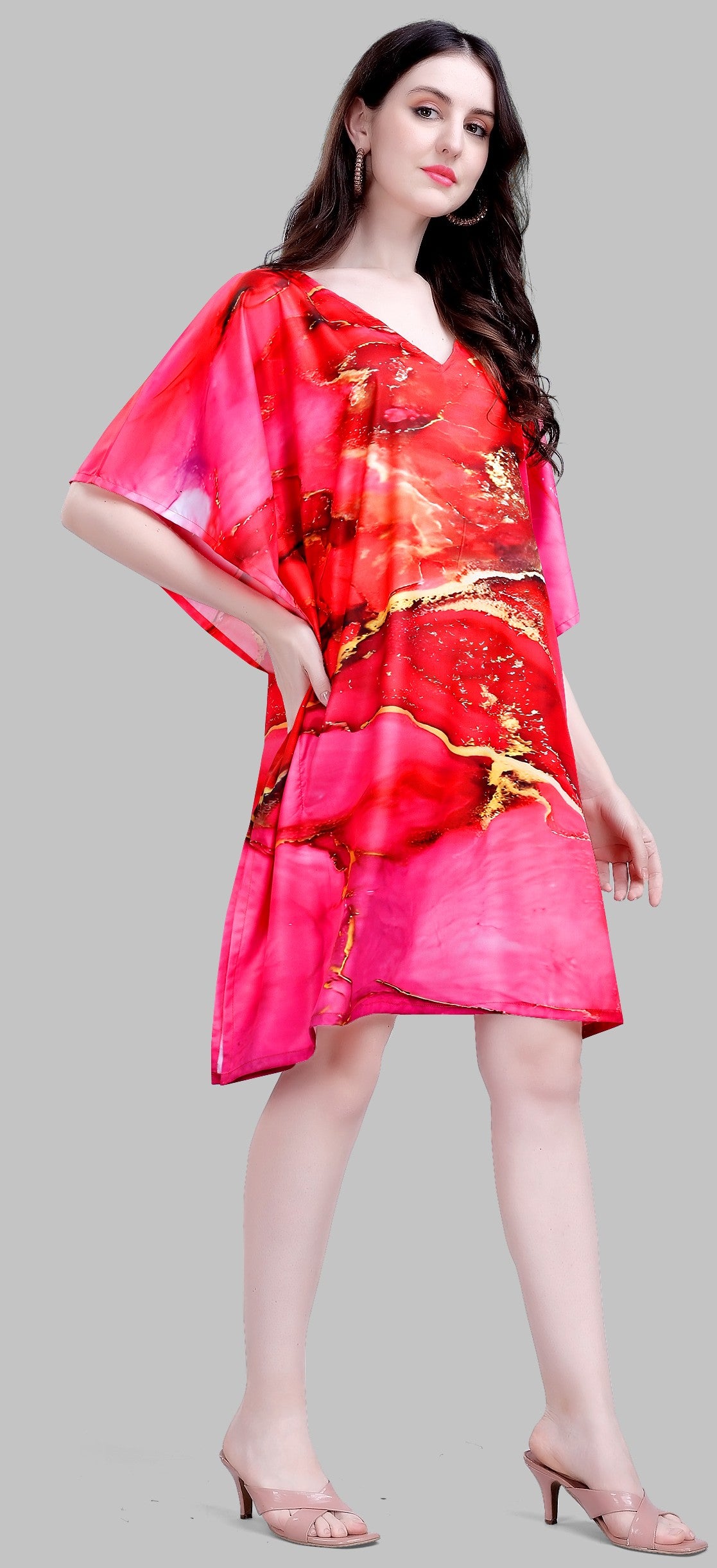 Red & Pink Marble Print Kaftan Dress – Party Wear