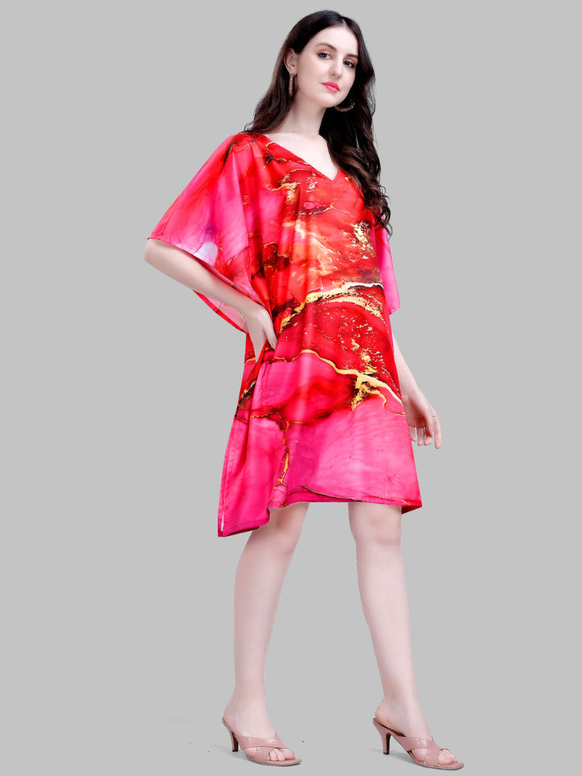 Red & Pink Marble Print Kaftan Dress – Party Wear