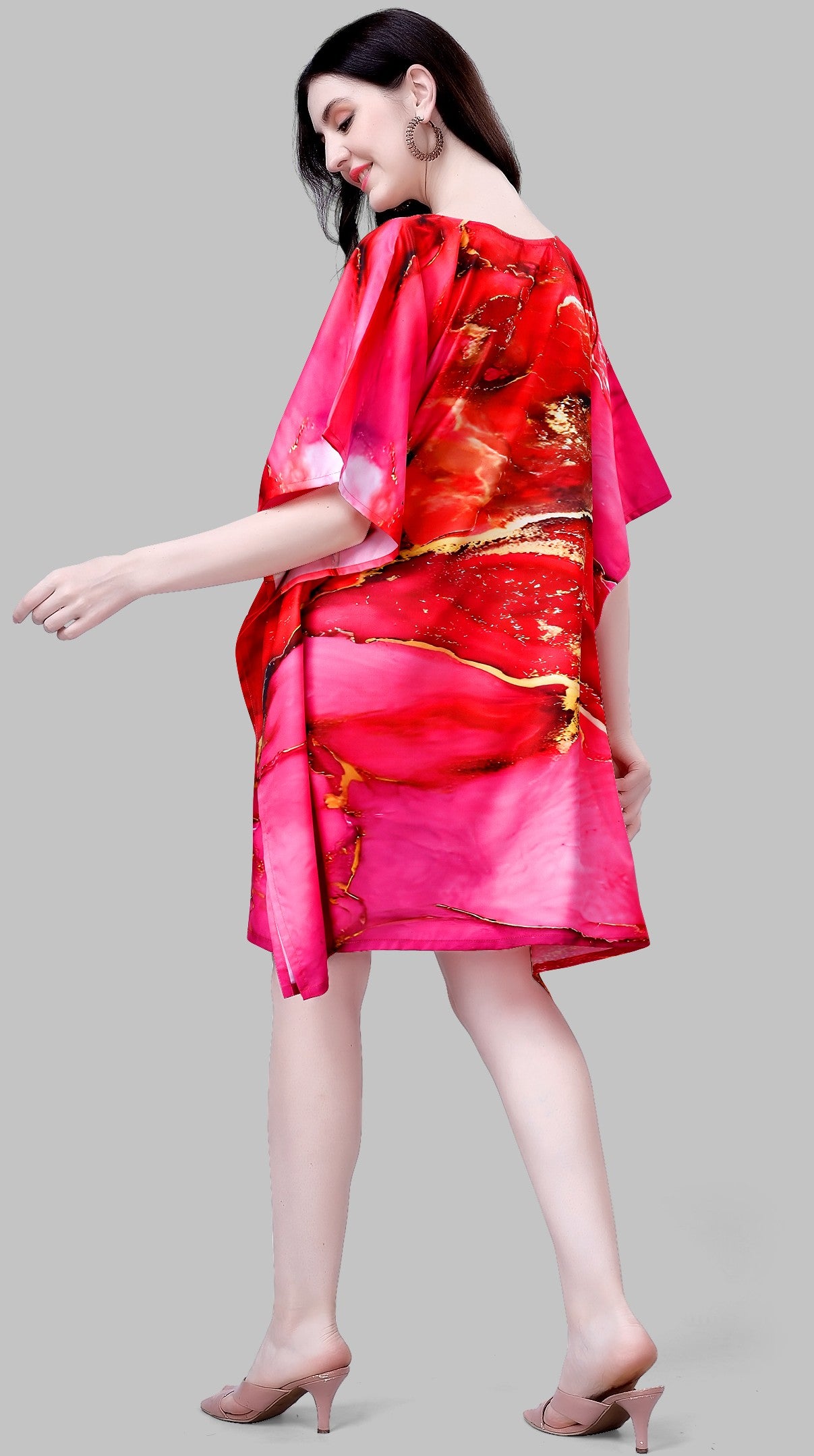 Red & Pink Marble Print Kaftan Dress – Party Wear