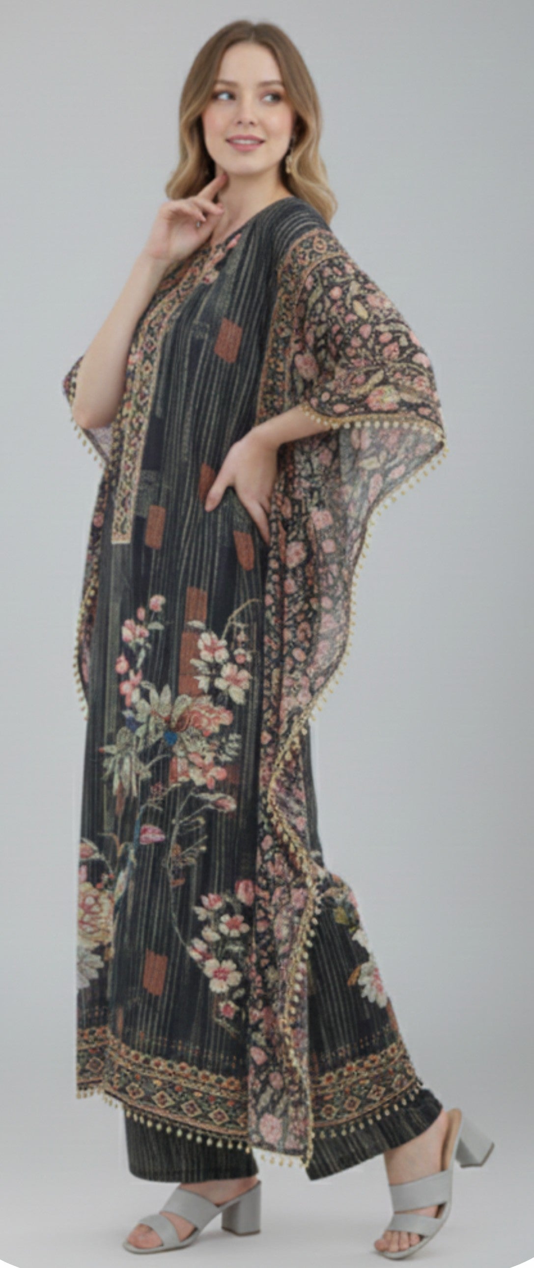 Elegant Charcoal Grey Designer Kaftan Suit Set
