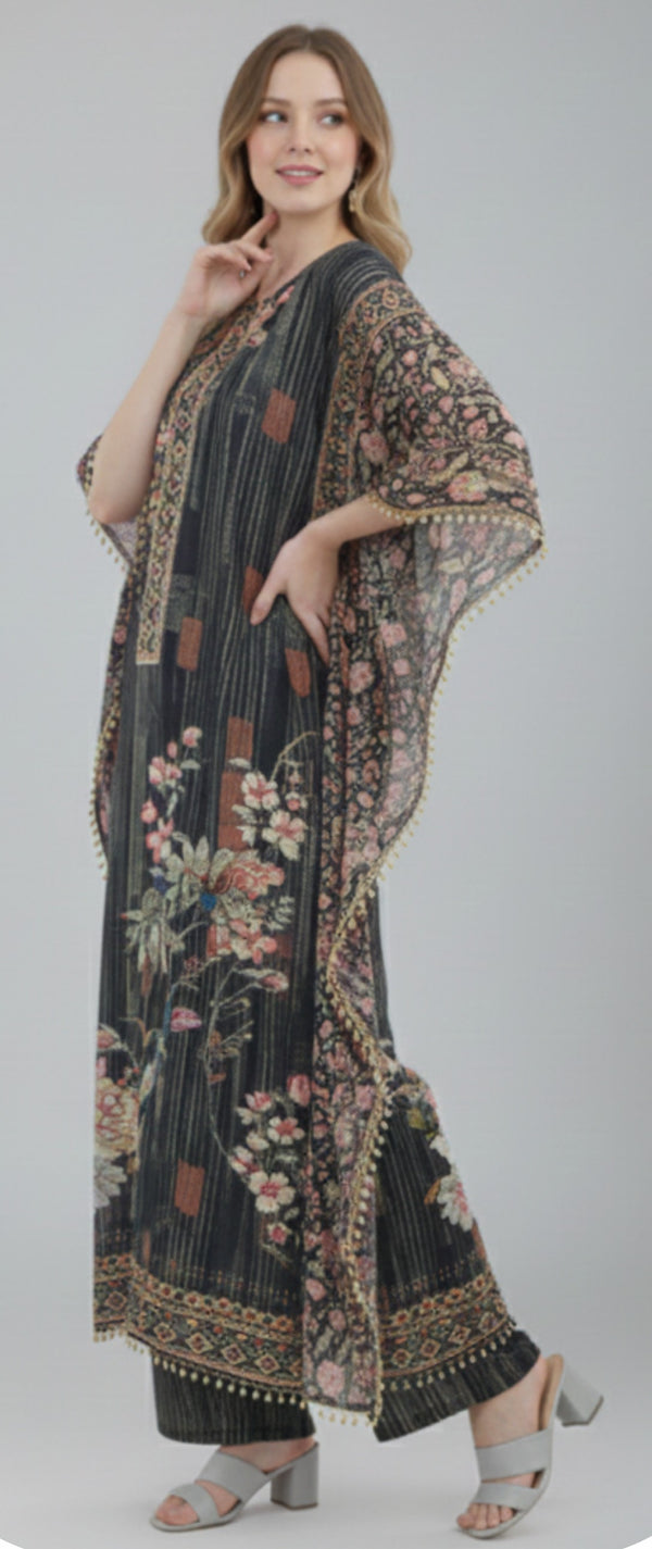 Elegant Charcoal Grey Designer Kaftan Suit Set