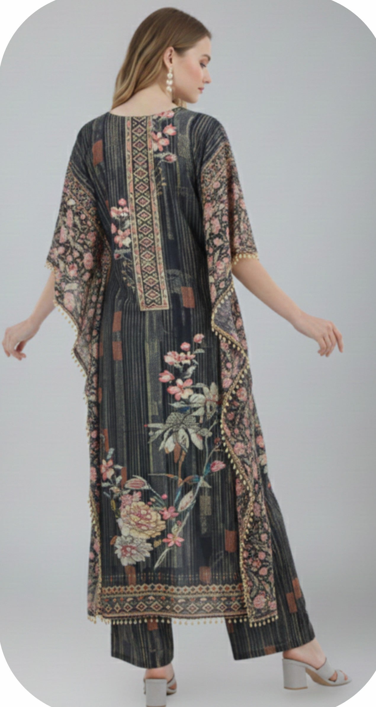 Elegant Charcoal Grey Designer Kaftan Suit Set
