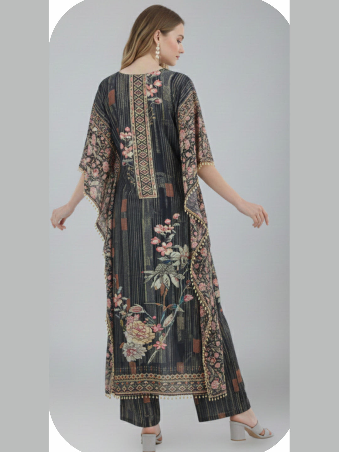Elegant Charcoal Grey Designer Kaftan Suit Set
