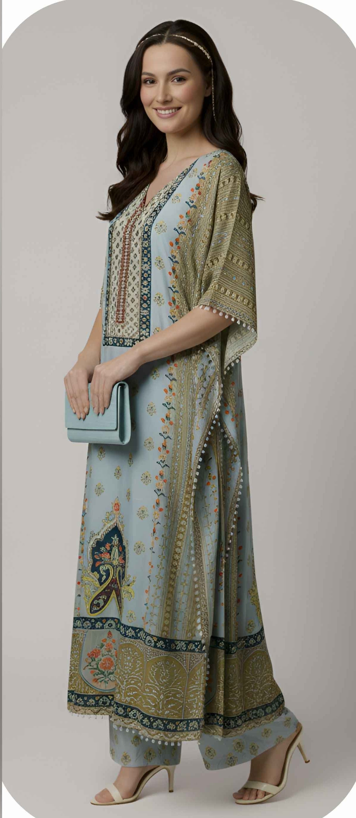 Powder Blue Designer Kaftan Suit Set for Women