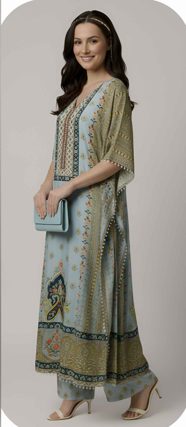 Powder Blue Designer Kaftan Suit Set for Women
