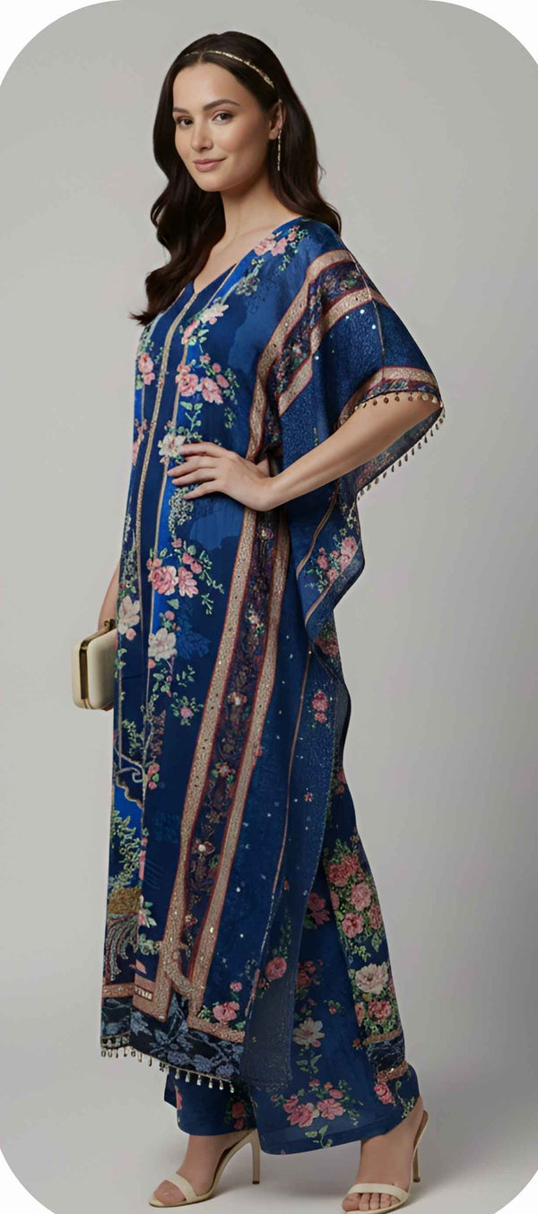 Navy Blue Floral Designer Kaftan Suit Set for Women