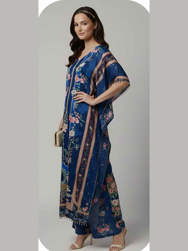 Navy Blue Floral Designer Kaftan Suit Set for Women