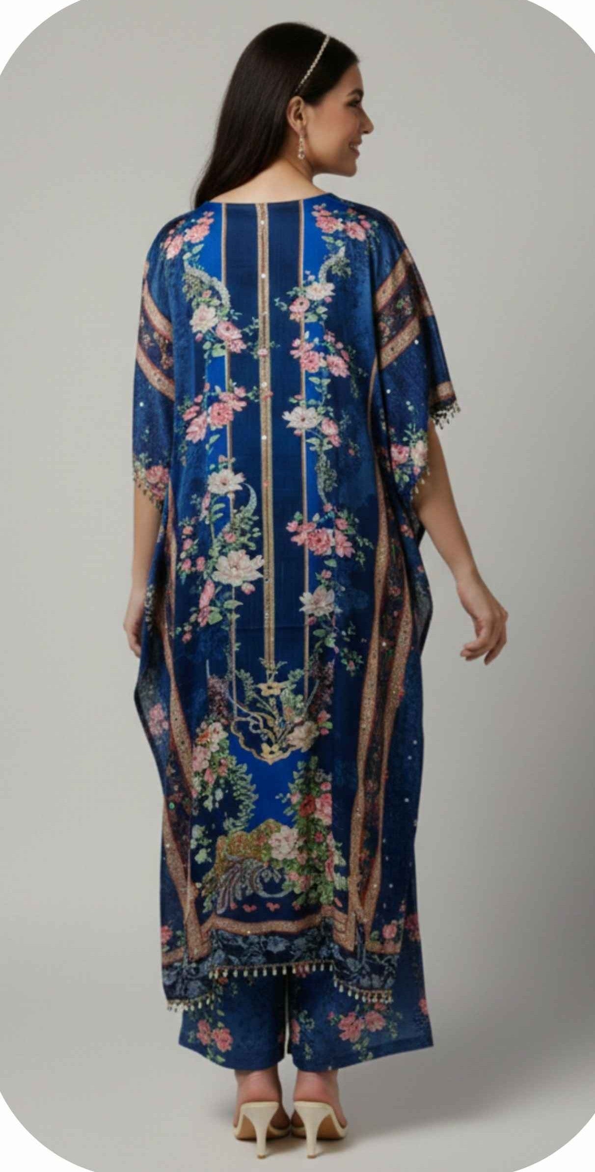 Navy Blue Floral Designer Kaftan Suit Set for Women