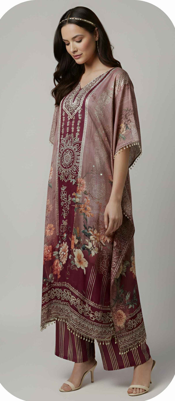 Wine Floral Designer Kaftan Suit Set for Women